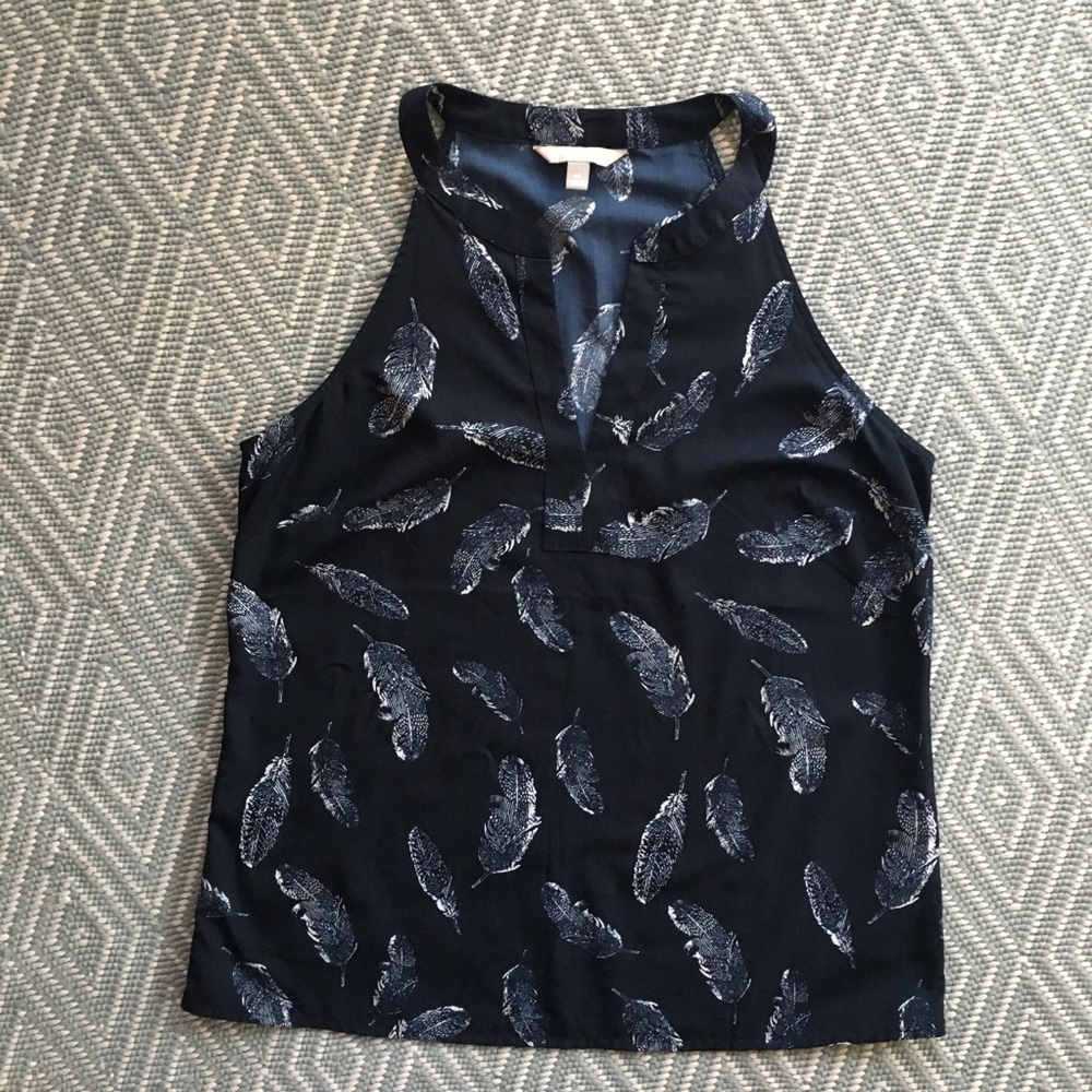 Banana Republic Navy Blue Feather Print Top Medium